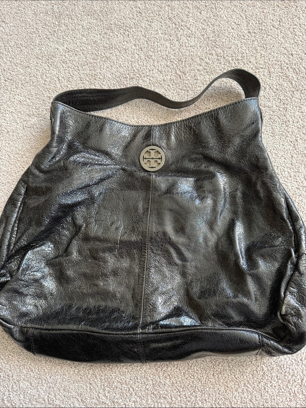 Tory Burch Black Leather Hobo Shoulder Bag with Logo Medallion